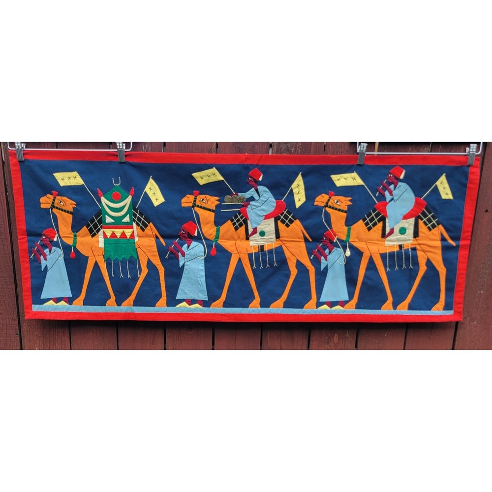 Vintage Egyptian Khayamiya Applique Wall Hanging Camel Caravan Textile Folk Art